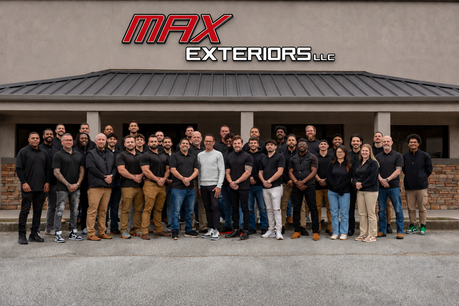 The full Max Exteriors team in front of the headquarters