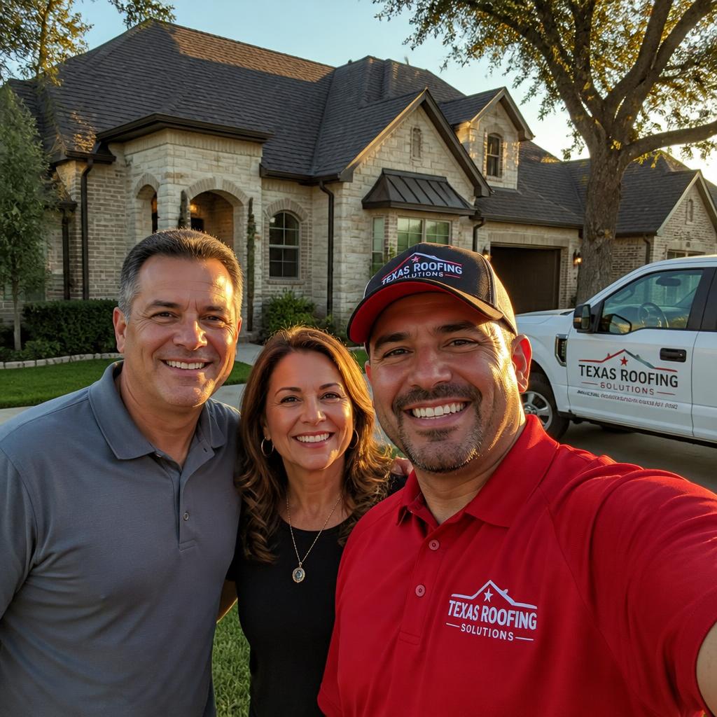 Happy DFW homeowners with their Max Exteriors specialist in front of a finished roof